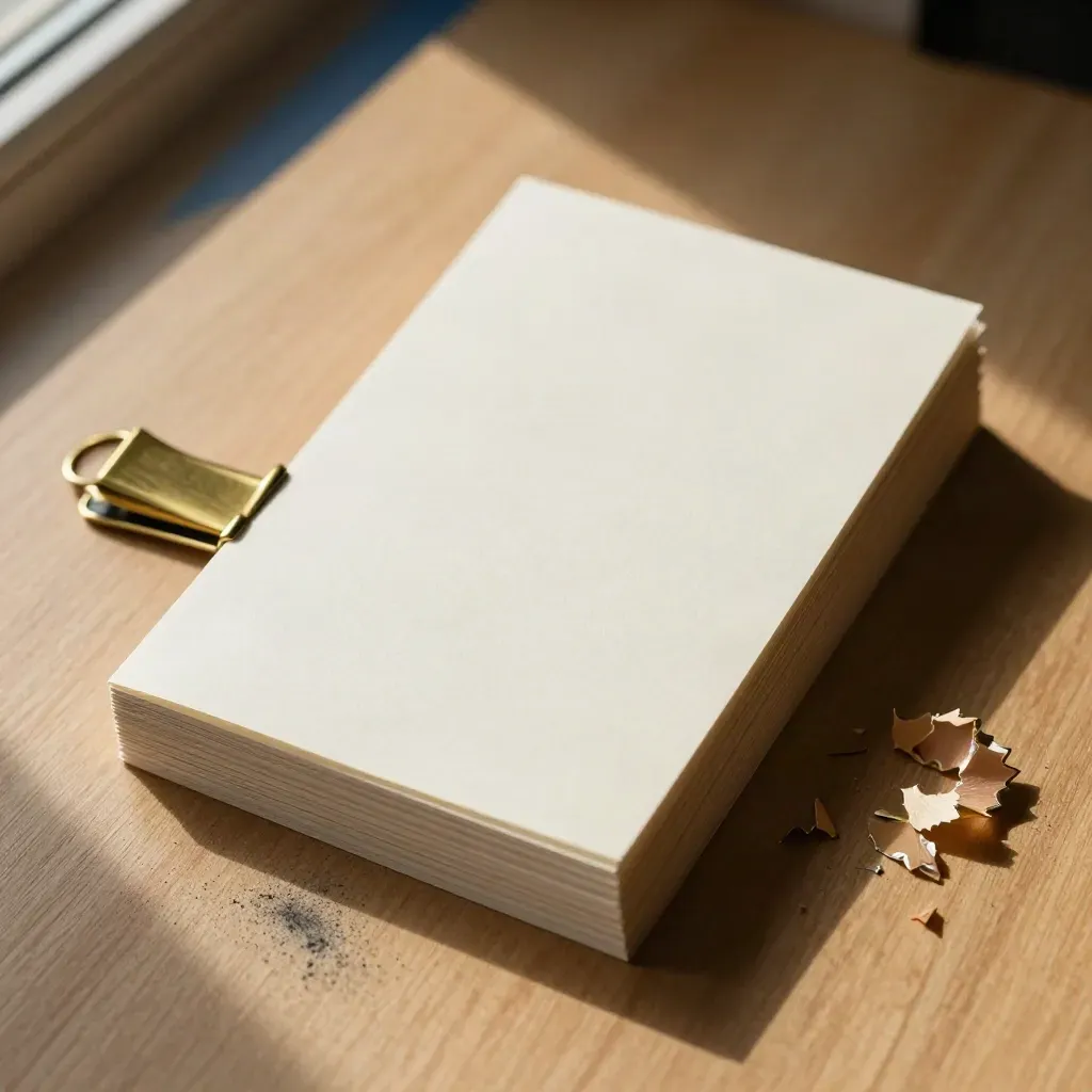 Top-down still life of blank index cards, graphite shavings, and a brass clip on pale wood.