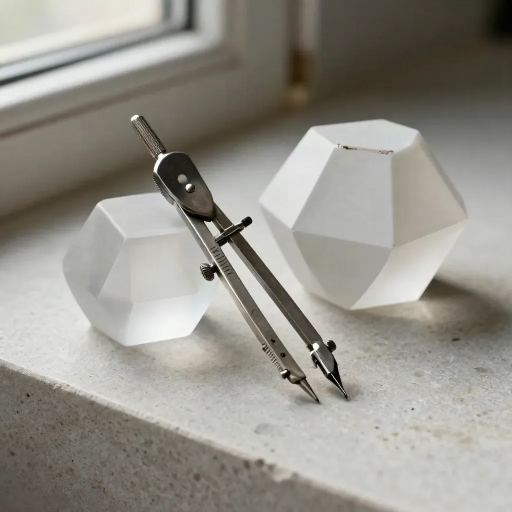 Drafting compass, frosted polyhedron, and folded paperweight on pale stone, shot in macro.