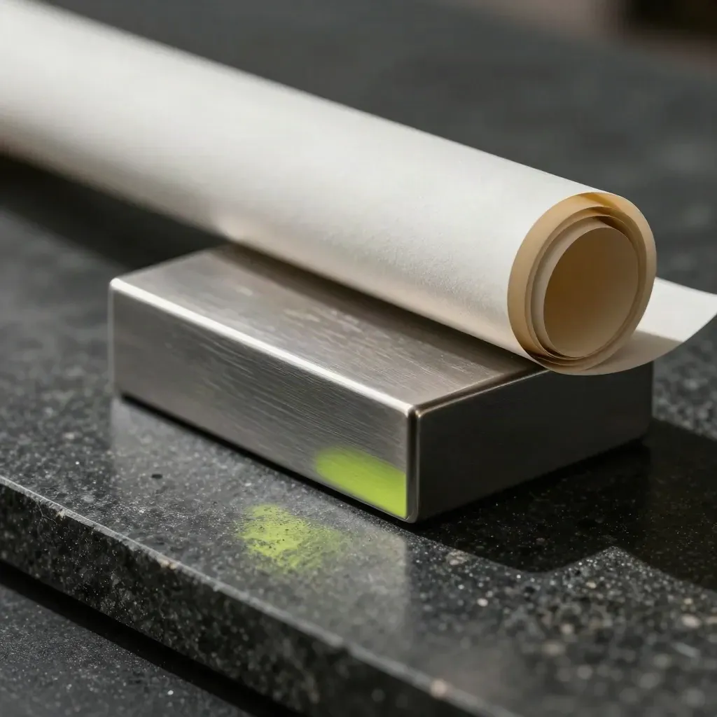Lab weight, geometric solid, and rolled tracing sheet on basalt under raking light.