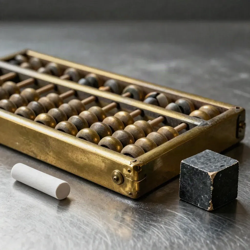 Brass abacus, chalk stub and slate cube on brushed steel in dramatic studio light.