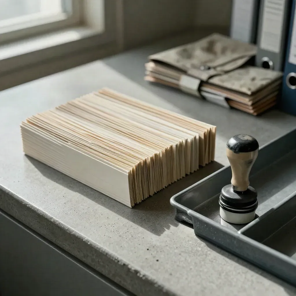 Overhead macro of archive clips, stamp block and tray divider on concrete, lit by soft daylight.