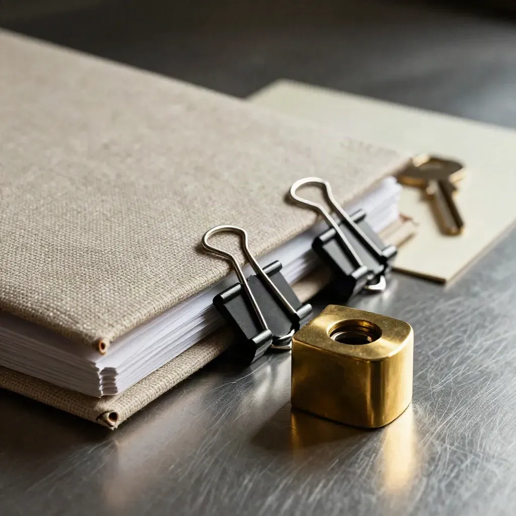 Brass paperweight, linen folder and binder clips on brushed metal in dramatic macro light
