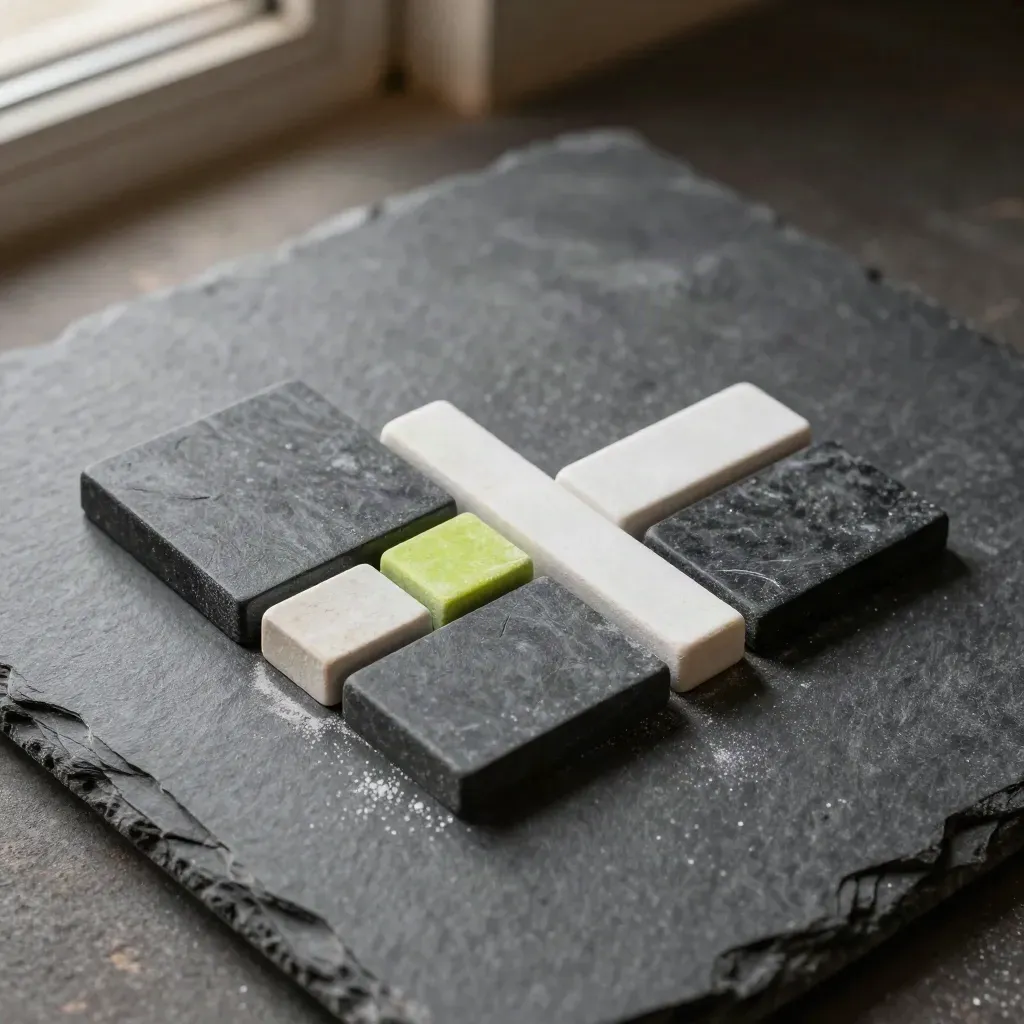 Overhead macro of graphite algebra tiles forming a stepped equation with lime spacers and chalk dust.