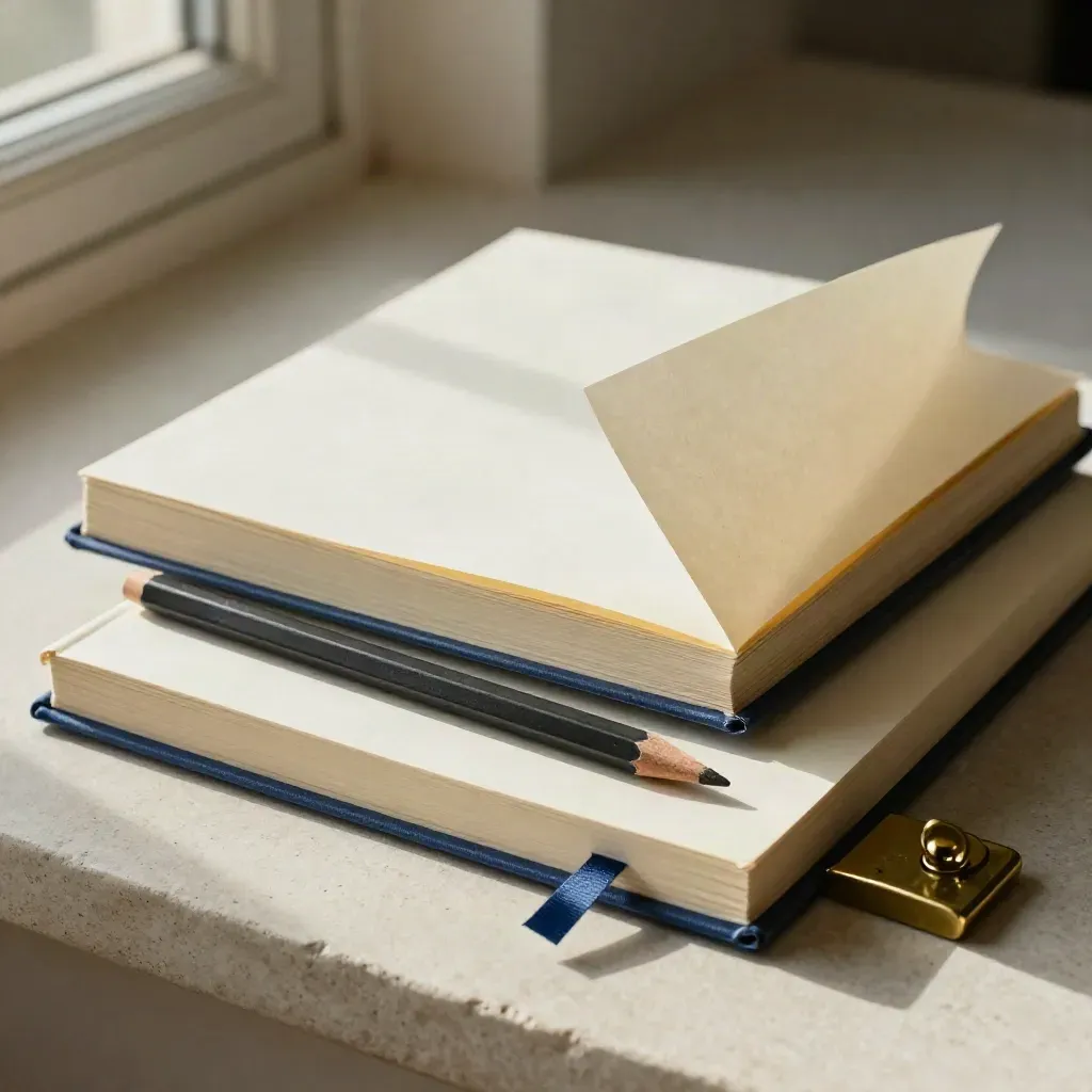 Two exercise books, stub pencil and brass clip on pale stone, one page lifting in soft daylight.
