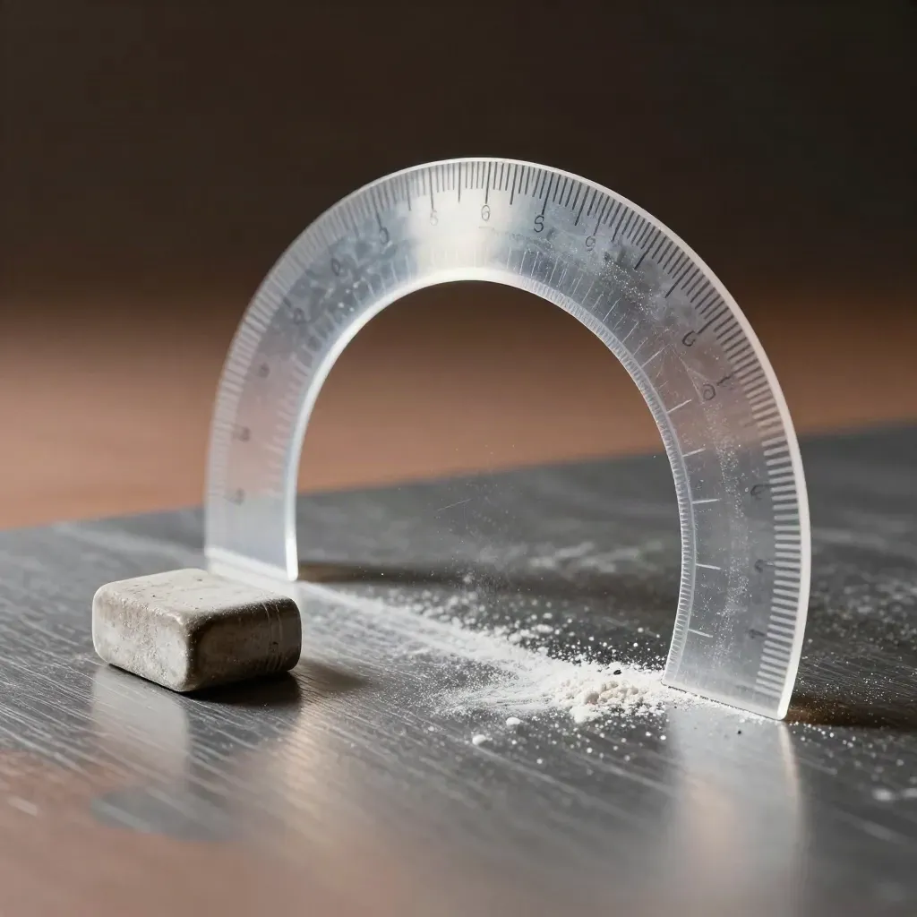 French curve, chalk dust arc, and metal eraser block on brushed steel in dramatic macro still life.
