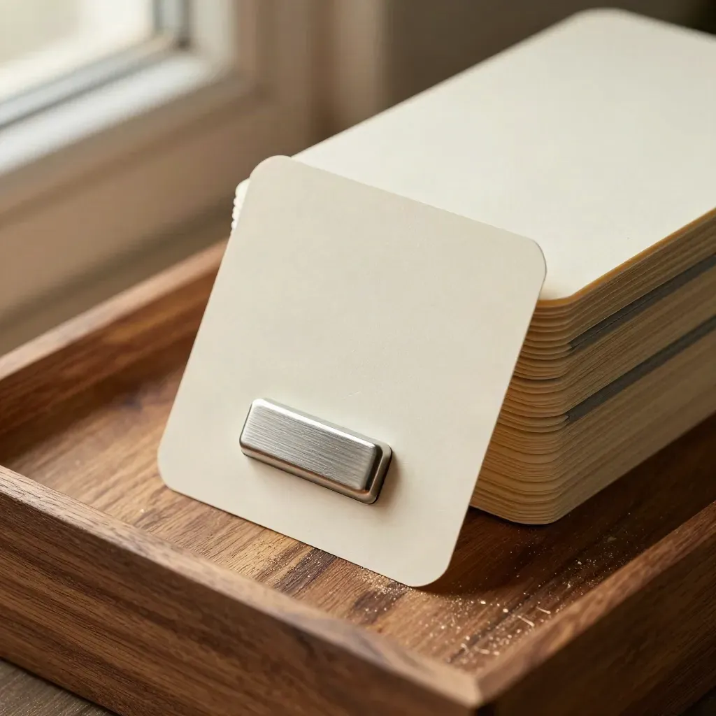 Overhead macro of flash cards, divider tabs and paperweight on warm wood.