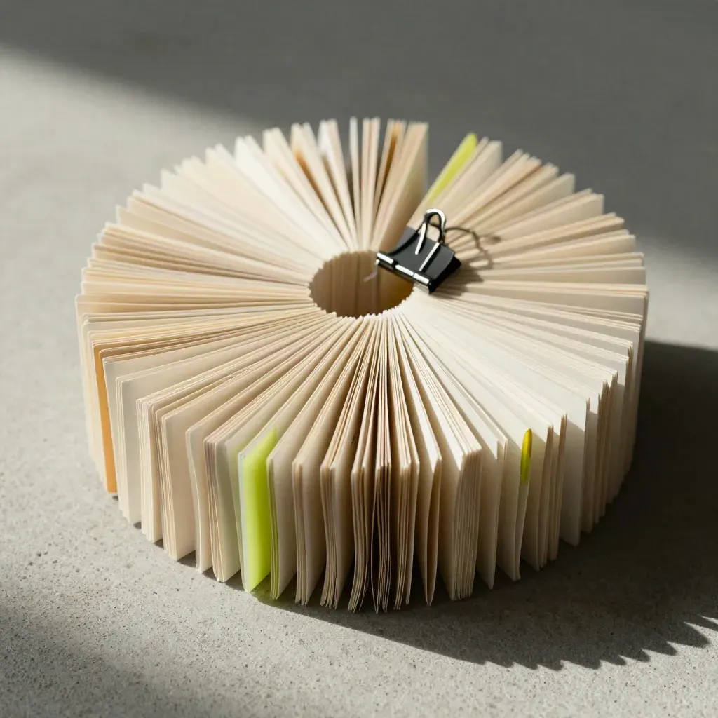 Overhead macro of revision tabs fanning around a card stack with a steel clip on pale concrete.