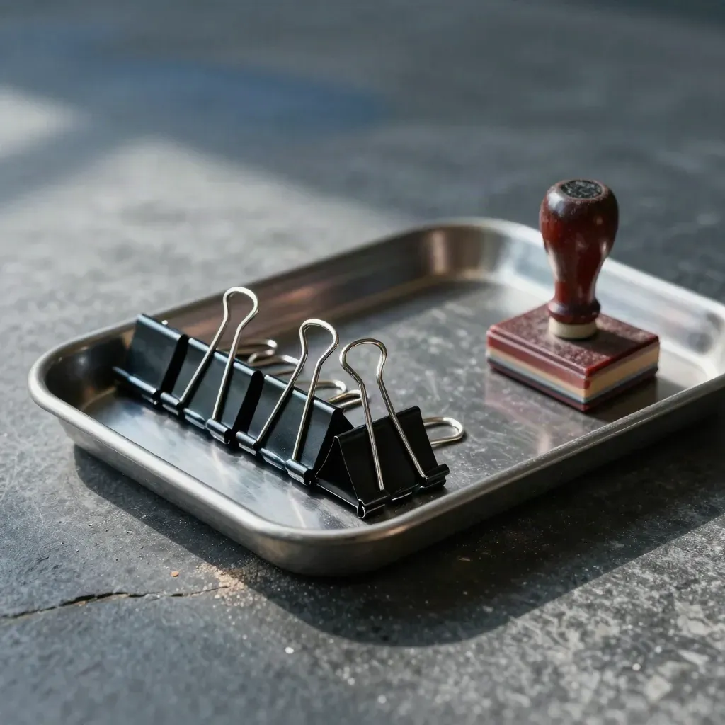 Metal tray with binder clips and a rubber stamp block on dark stone, lit by soft daylight.