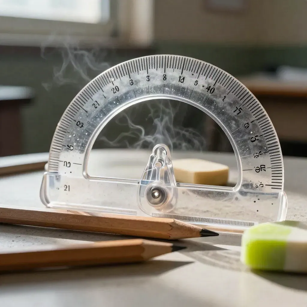 Macro of a clear pencil case with geometry tools, pencil, eraser and protractor on a classroom desk.