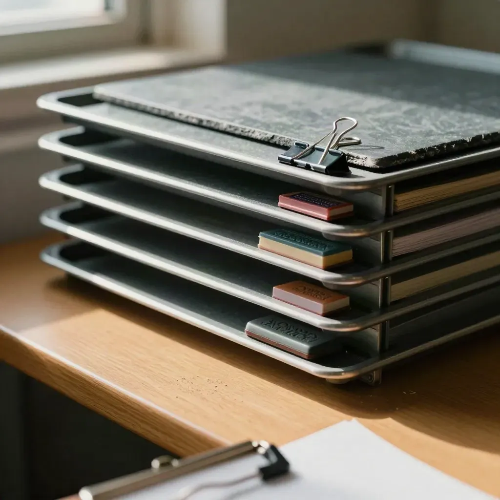 Stacked marking trays, binder clips and a stamp block on a school admin surface, through a blurred clipboard edge.
