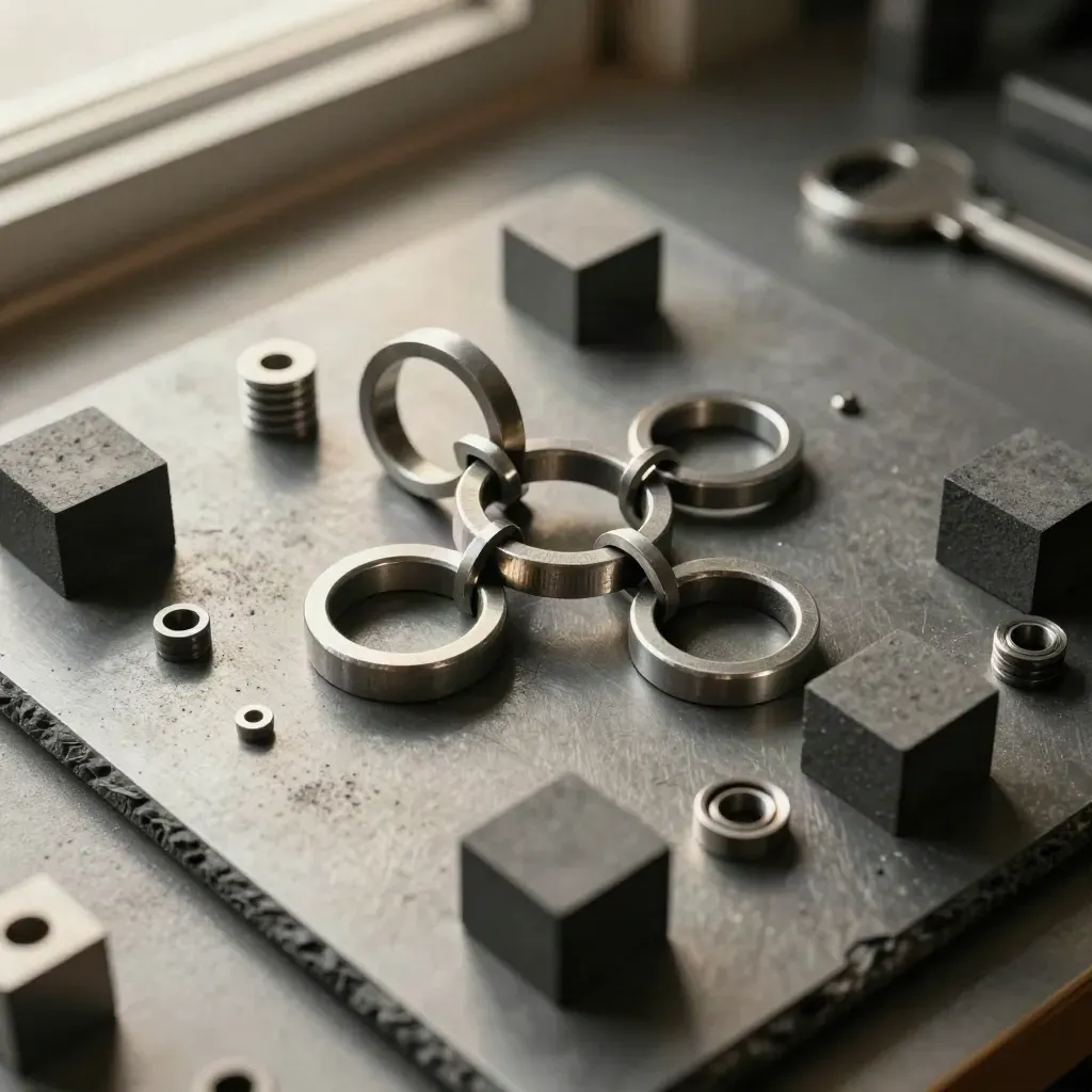 Top-down steel rings, graphite blocks, and spacers on brushed slate with dramatic upper light