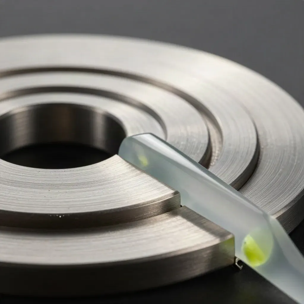 Brushed metal discs and rings looped with a frosted glass spacer on steel, lit softly.