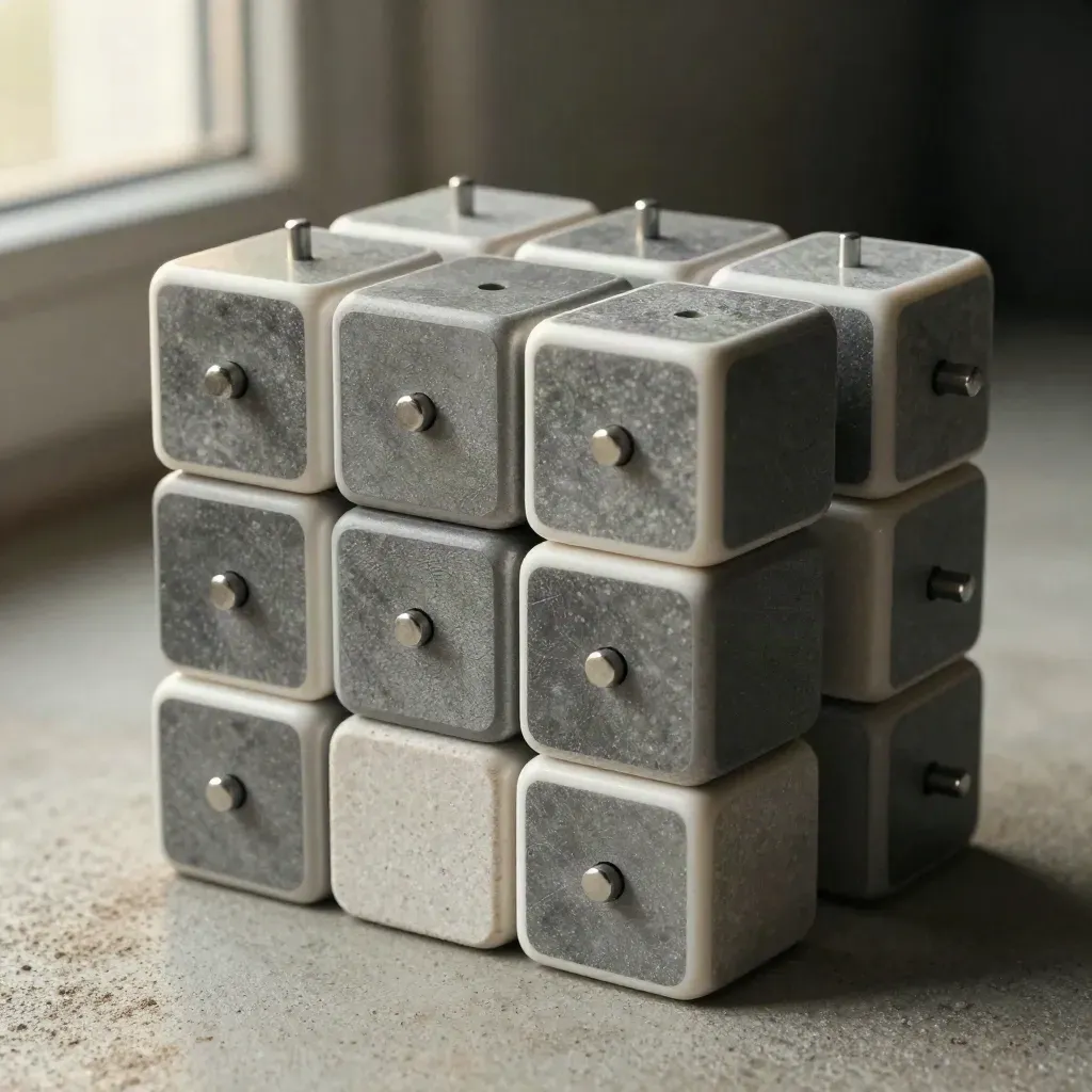 Modular cubes and metal pins aligning on warm concrete in a premium macro still life.