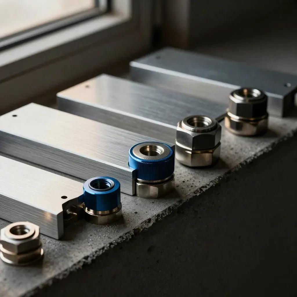 Macro of aluminum connectors and hex spacers on dark concrete with a deep blue accent.