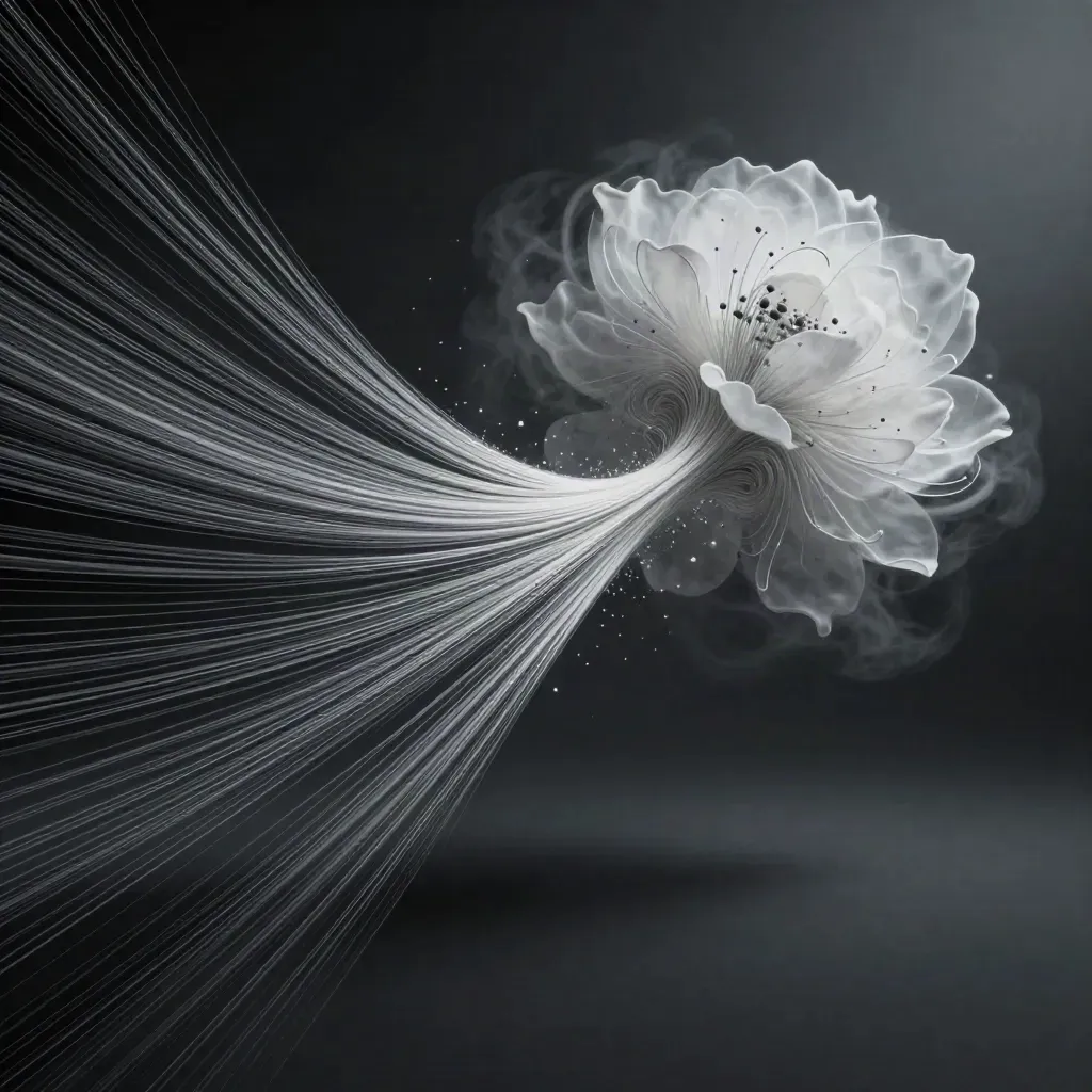 Silver light filaments bloom in graphite haze with calm copy space.