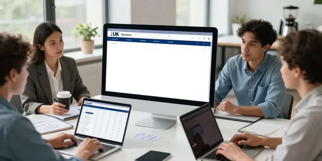Team collaborating on .uk domain registration in modern office